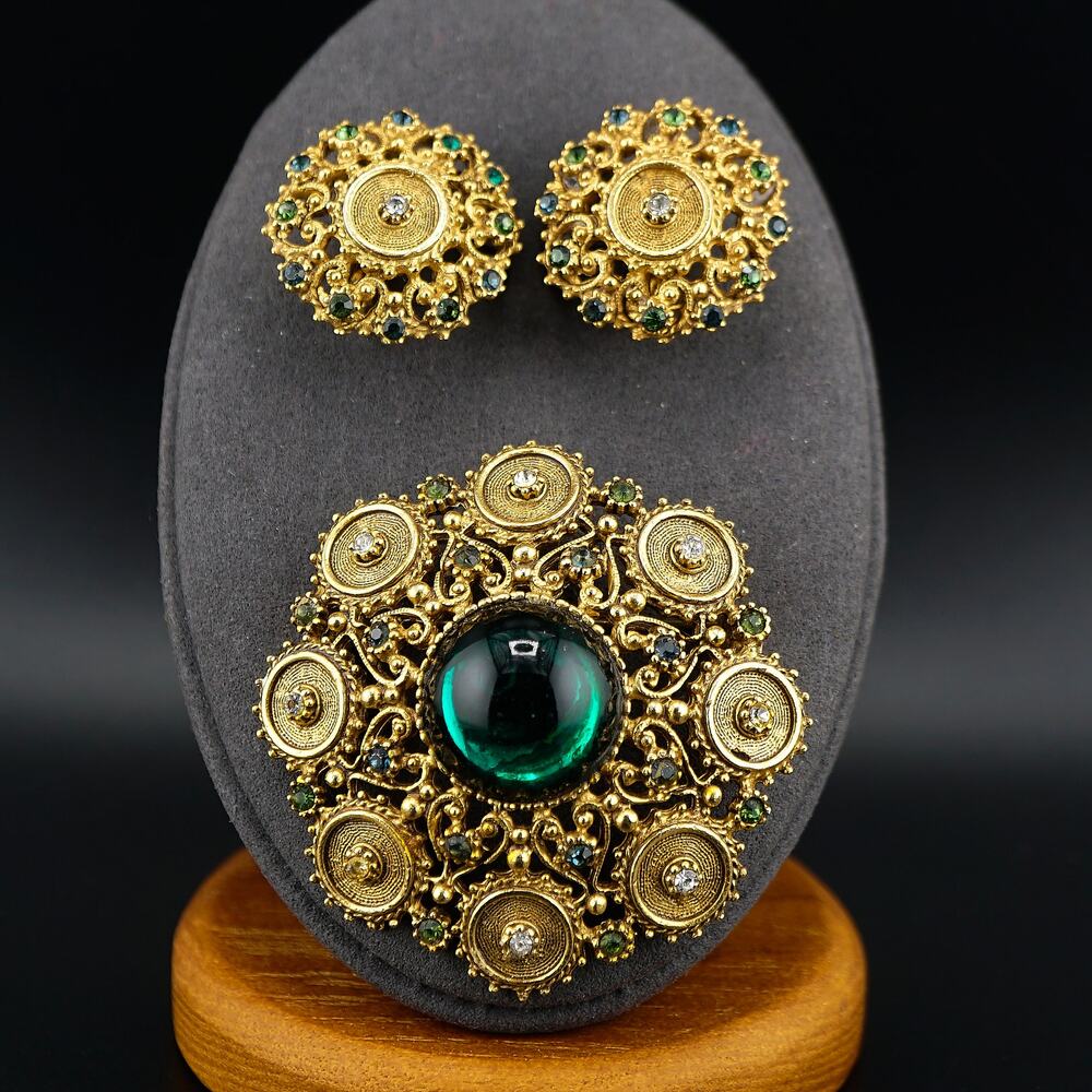 Vintage Florenza Demi Parue Brooch Earrings Green Cabochon Victorian Revival Set